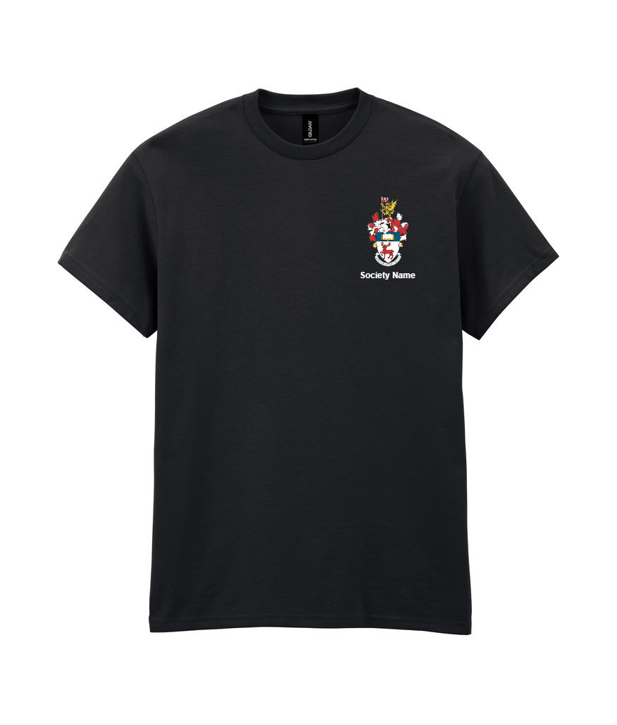 black t-shirt, front view [[_rc for="Black" left_chest_embroidery="UoS Coat of Arms" x=37.2 y=32.6 w=10 h=8.3 ink=#ffffff]]