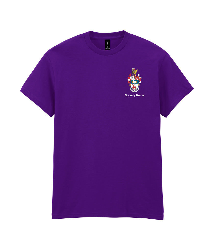 purple t-shirt front view [[_rc for="Purple" left_chest_embroidery="UoS Coat of Arms" x=37.2 y=32.6 w=10 h=8.3 ink=#ffffff]]
