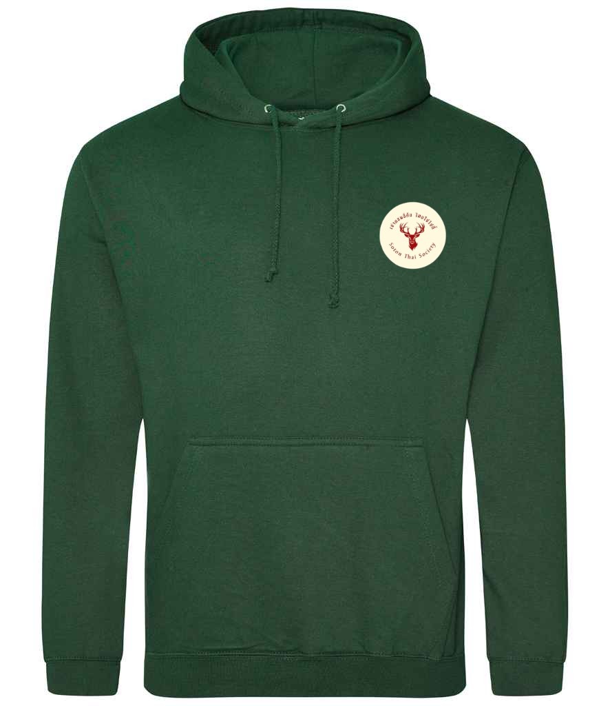 Hoodie in Bottle Green, front view [[_rc for="Bottle Green" left_chest_embroidery="Thai Society" x=33 y=33 w=15 h=11 ink=#ffffff]]