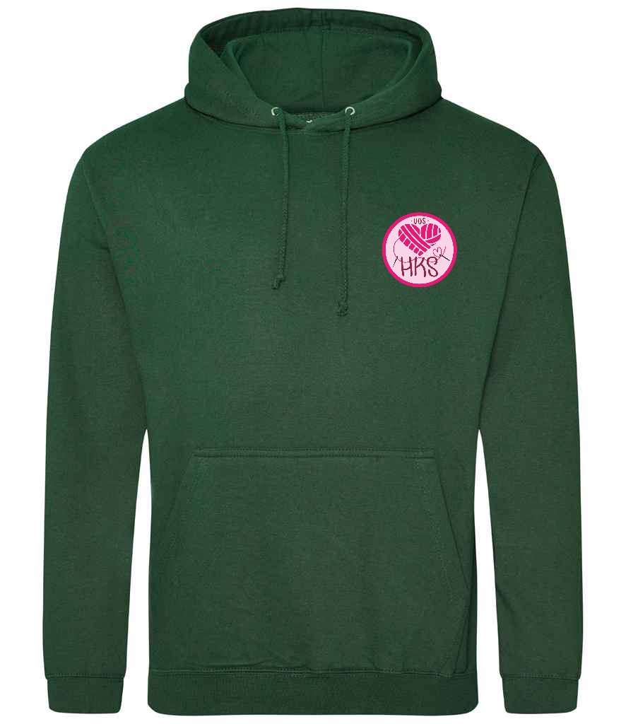 Hoodie in Bottle Green, front view [[_rc for="Bottle Green" left_chest_embroidery="HKS" x=33 y=33 w=15 h=11 ink=#ffffff]]