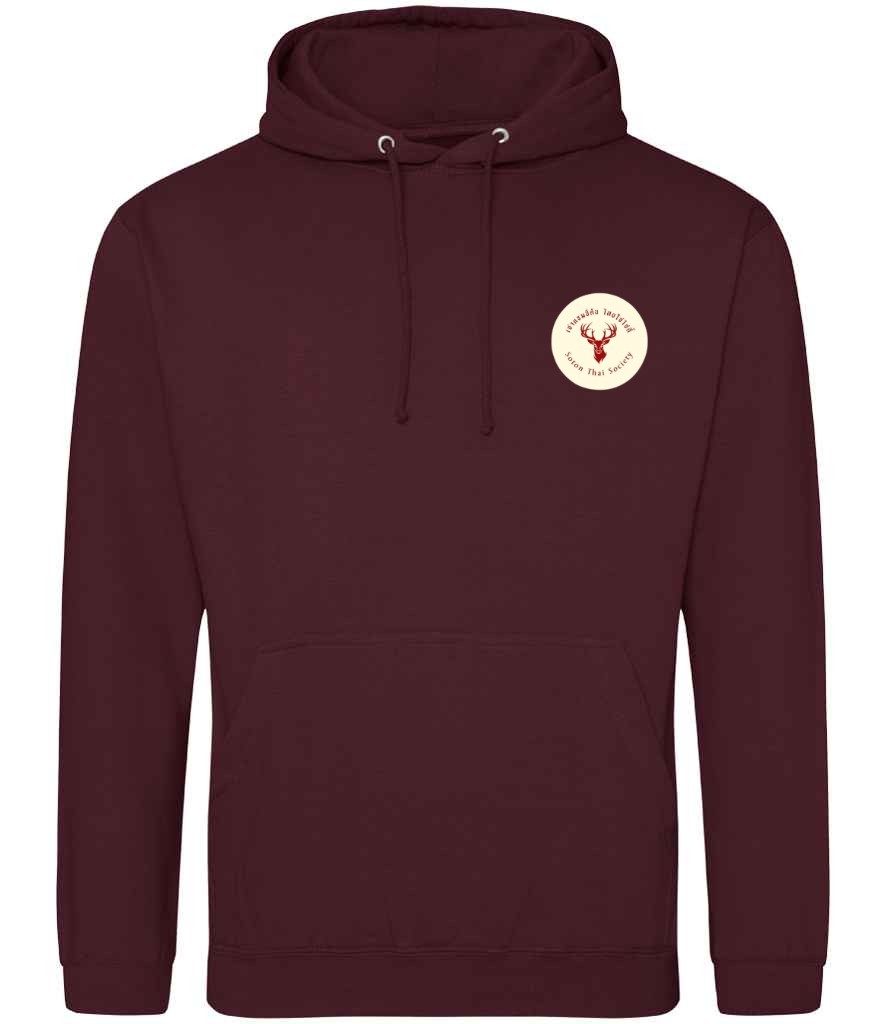Hoodie in Burgundy, front view [[_rc for="Burgundy" left_chest_embroidery="Thai Society" x=33 y=33 w=15 h=11 ink=#ffffff]]
