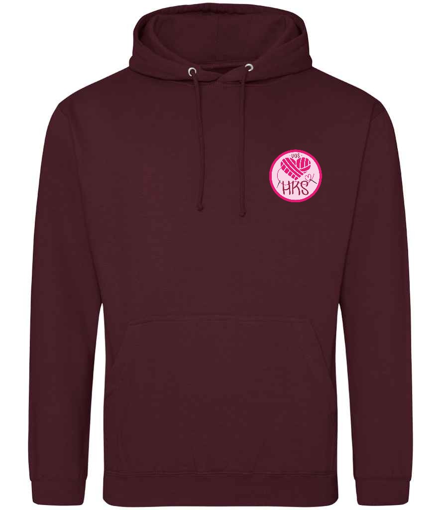 Hoodie in Burgundy, front view [[_rc for="Burgundy" left_chest_embroidery="HKS" x=33 y=33 w=15 h=11 ink=#ffffff]]
