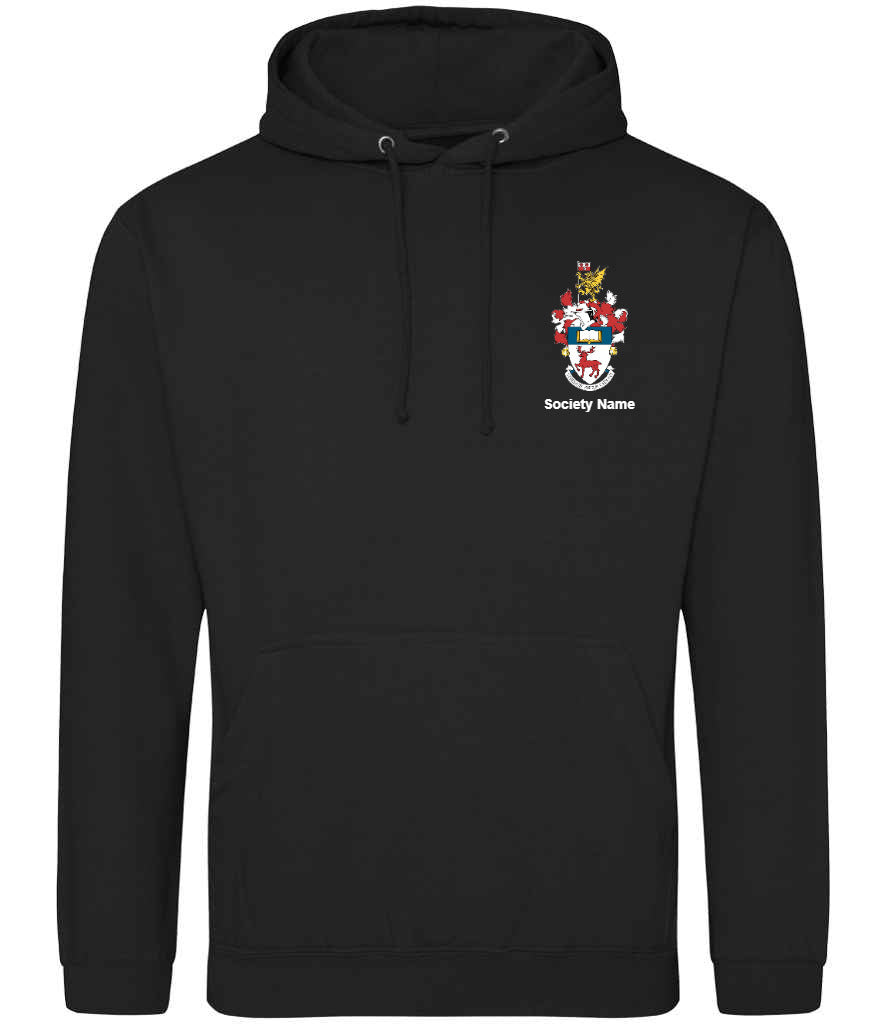 deep black hoodie, front view [[_rc for="Deep Black" left_chest_embroidery="UoS Coat of Arms" x=33 y=33 w=15 h=11 ink=#ffffff]]