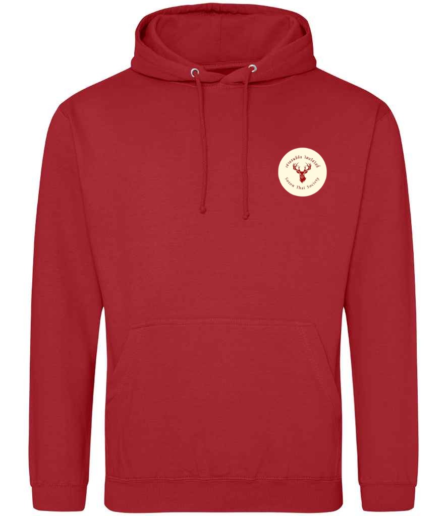Hoodie in Fire Red, front view [[_rc for="Fire Red" left_chest_embroidery="Thai Society" x=33 y=33 w=15 h=11 ink=#ffffff]]
