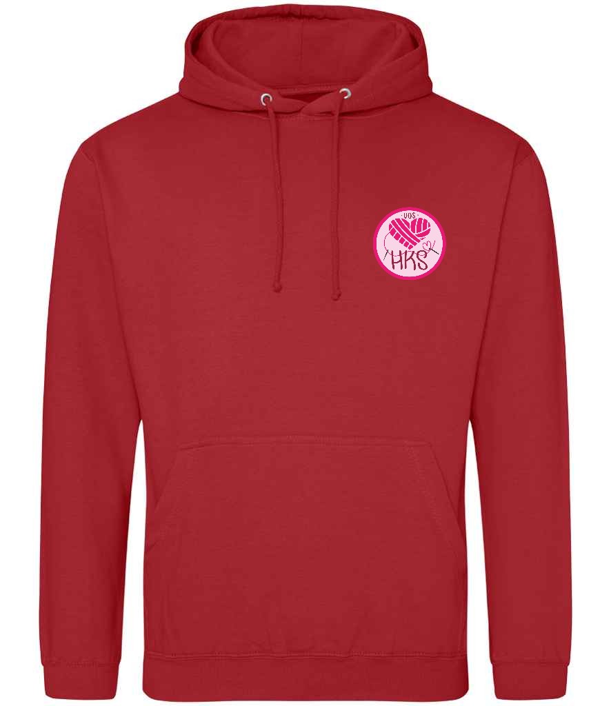 Hoodie in Fire Red, front view [[_rc for="Fire Red" left_chest_embroidery="HKS" x=33 y=33 w=15 h=11 ink=#ffffff]]