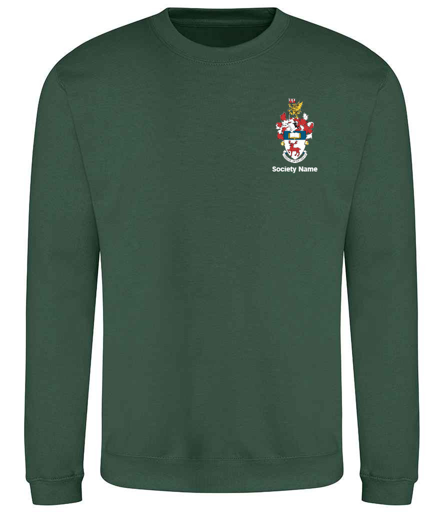 green sweatshirt, front view [[_rc for="Bottle Green" left_chest_embroidery="UoS Coat of Arms" x=34.8 y=27.3 w=15 h=10 ink=#ffffff]]