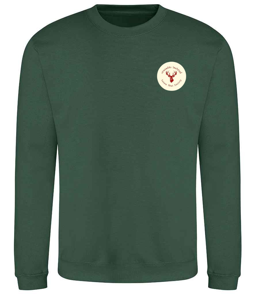 Sweatshirt in Bottle Green, front view [[_rc for="Bottle Green" left_chest_embroidery="Thai Society" x=34.8 y=27.3 w=15 h=10 ink=#ffffff]]