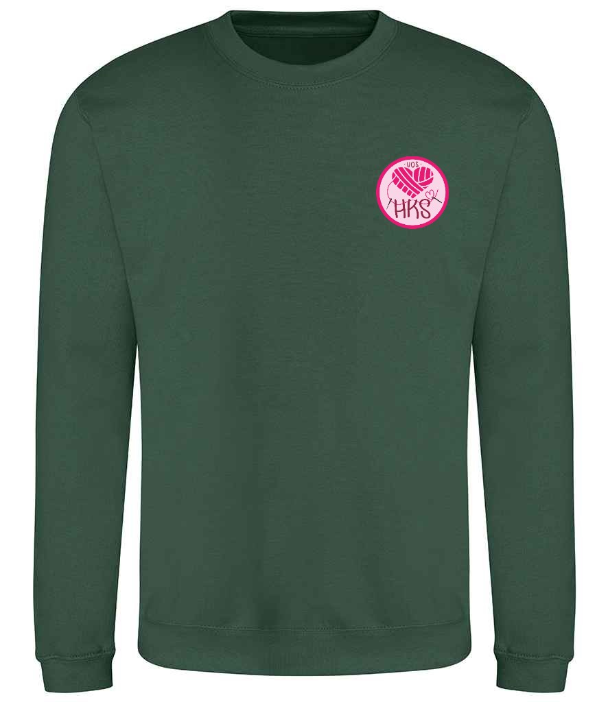 Sweatshirt in Bottle Green, front view [[_rc for="Bottle Green" left_chest_embroidery="HKS" x=34.8 y=27.3 w=15 h=10 ink=#ffffff]]