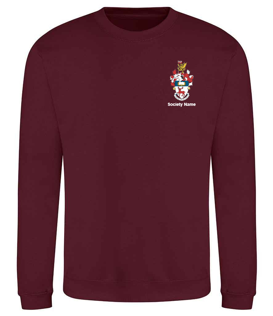 burgundy sweatshirt, front view [[_rc for="Burgundy" left_chest_embroidery="UoS Coat of Arms" x=34.8 y=27.3 w=15 h=10 ink=#ffffff]]