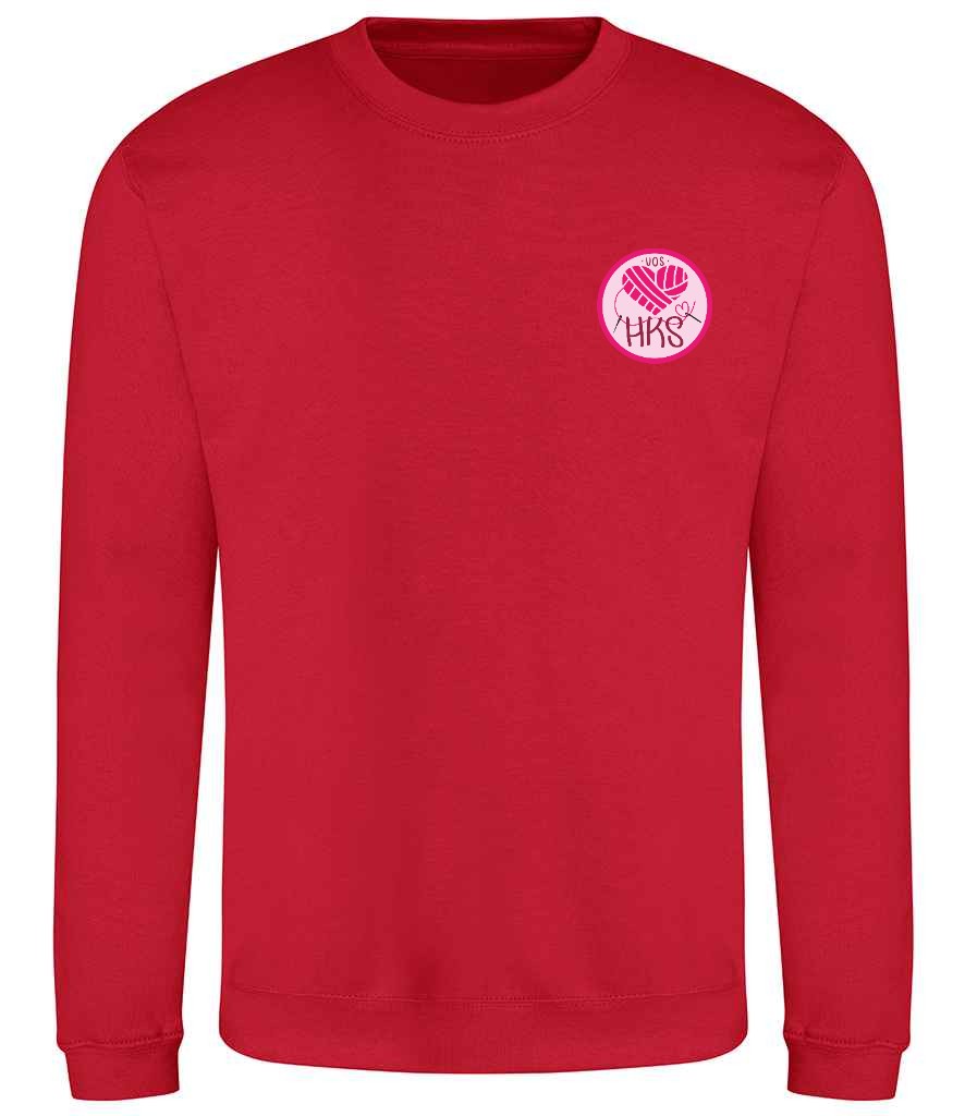 Sweatshirt in Fire Red, front view [[_rc for="Fire Red" left_chest_embroidery="HKS" x=34.8 y=27.3 w=15 h=10 ink=#ffffff]]