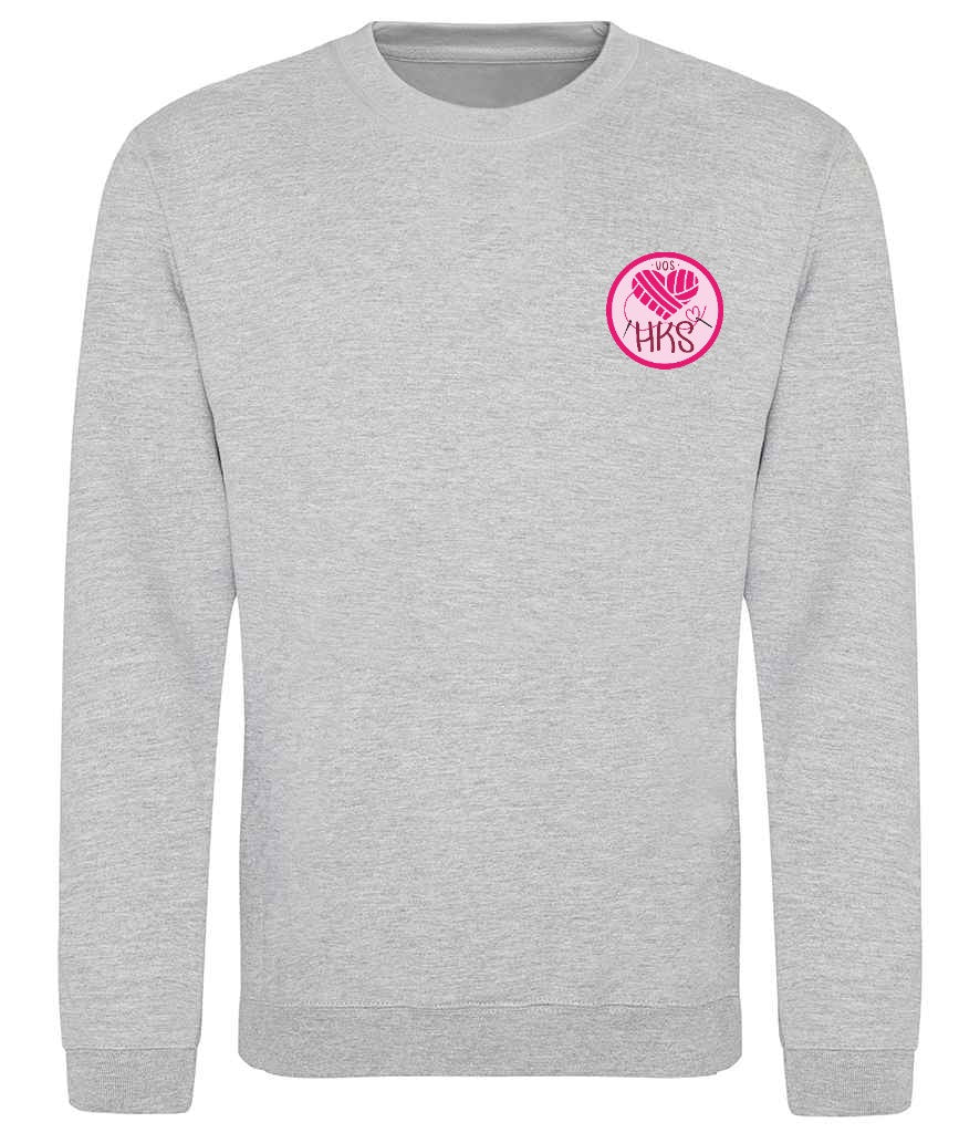 Sweatshirt in Heather Grey, front view [[_rc for="Heather Grey" left_chest_embroidery="HKS" x=34.8 y=27.3 w=15 h=10 ink=#ffffff]]