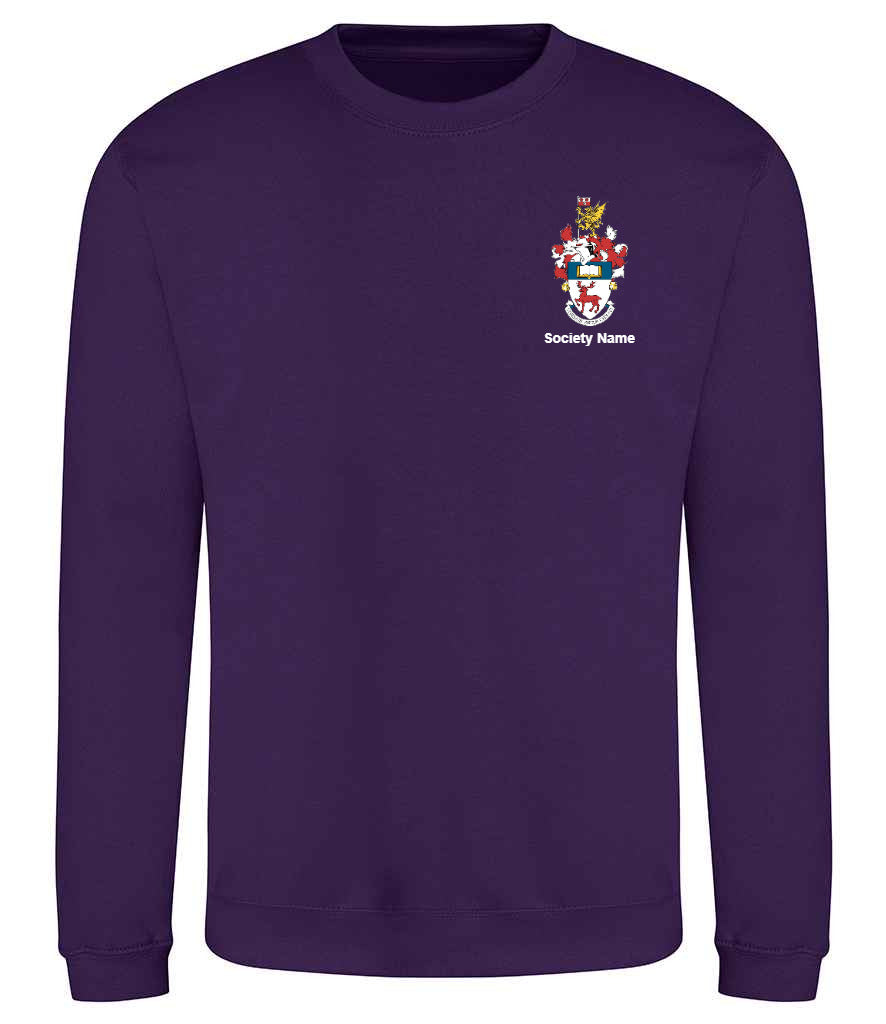 purple sweatshirt, front view [[_rc for="Purple" left_chest_embroidery="UoS Coat of Arms" x=34.8 y=27.3 w=15 h=10 ink=#ffffff]]