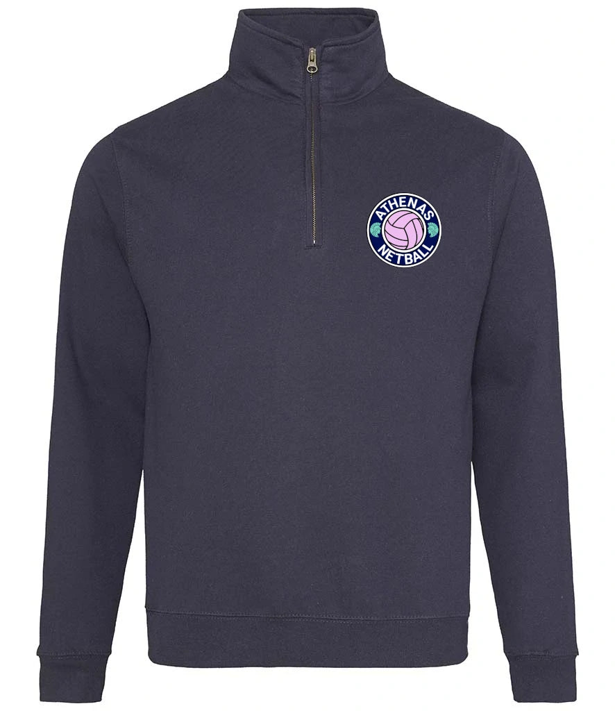 1/4 Zip Sweatshirt in New French Navy, front view [[_rcp for="New French Navy" x=35.1 y=32.4 w=17.5 h=7.6 size=9 ink=#ffffff font=Carlito]]