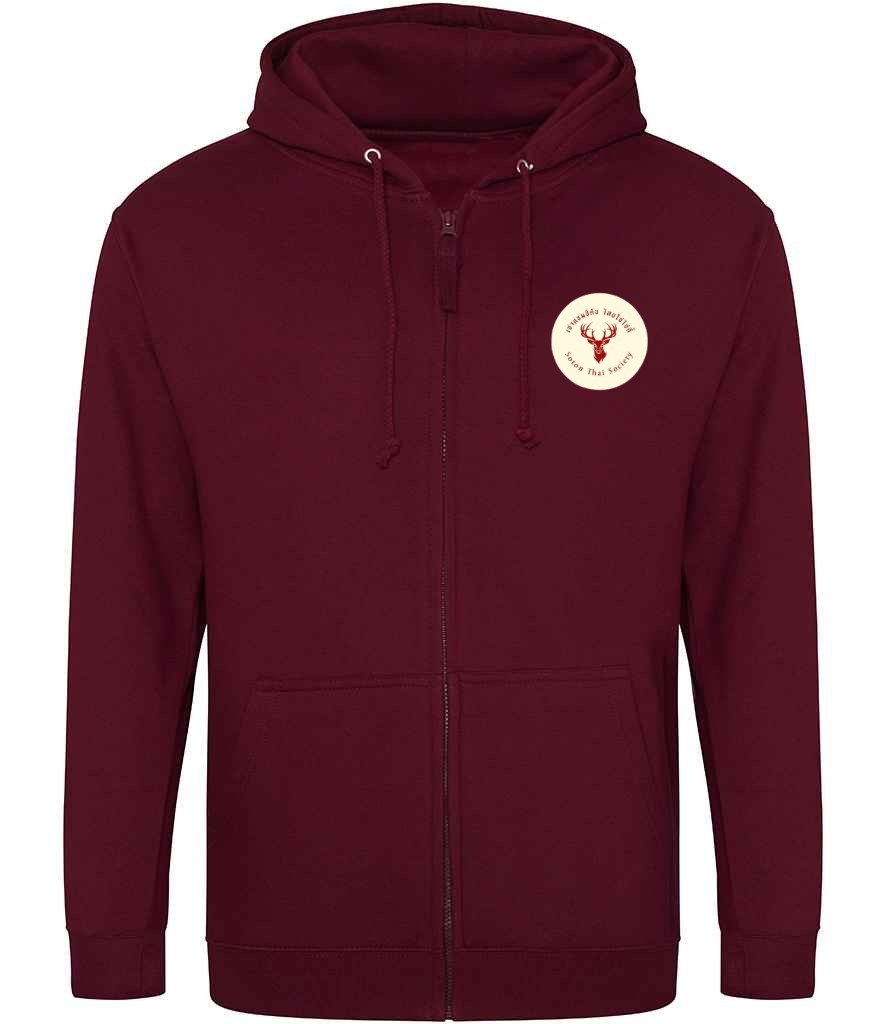 Zoodie in Burgundy, front view [[_rc for="Burgundy" left_chest_embroidery="Thai Society" x=33 y=33 w=15 h=11 ink=#ffffff]]