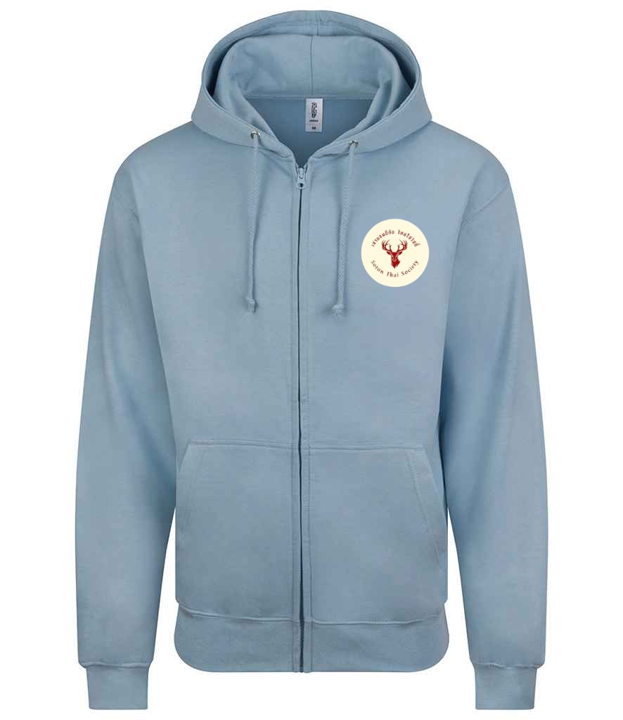 Zoodie in Sky Blue, front view [[_rc for="Sky Blue" left_chest_embroidery="Thai Society" x=34 y=35 w=12 h=9 ink=#ffffff]]