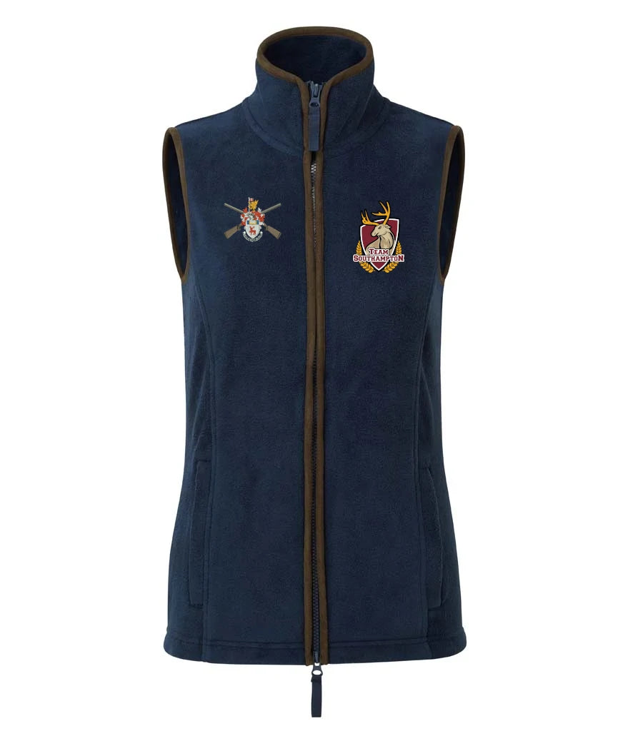 Ladies Fleece Gilet in Navy/Brown, front view [[_rcta for="Navy/Brown" x=39.8 y=36.7 w=12.3 h=5.9 size=9 ink=#ffcc00 font=Arial]]