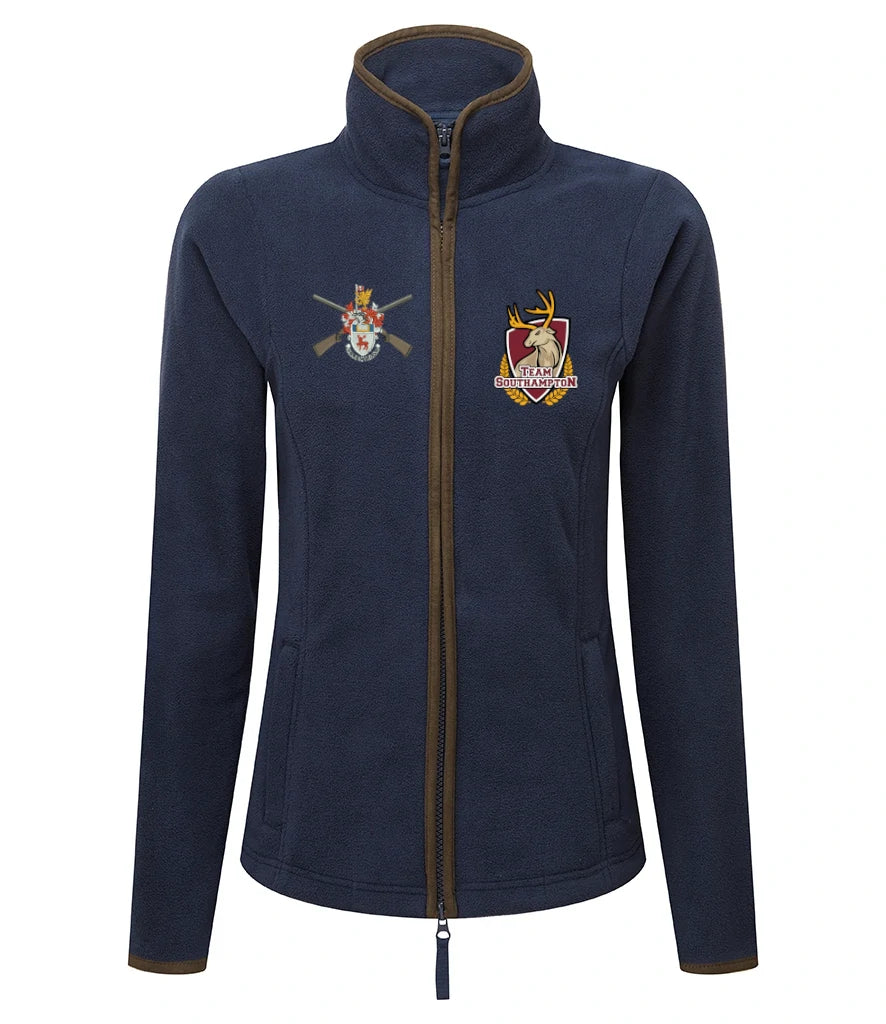 Ladies Fleece in Navy/Brown, front view [[_rcta for="Navy/Brown" x=40.4 y=38.3 w=12.8 h=5 size=9 ink=#ffcc00 font=Arial]]
