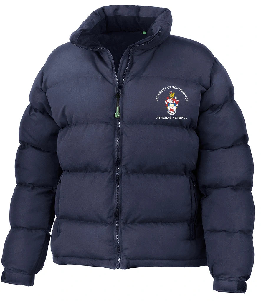 Ladies Puffer Jacket in Navy, front view [[_rc for="Navy" x=33 y=35.4 w=14.5 h=6.1 size=9 ink=#ffffff]]