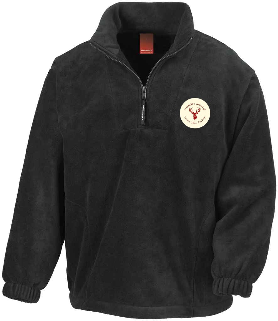 1/4 Zip Fleece in Black, front view [[_rc for="Black" left_chest_embroidery="Thai Society" x=33 y=37 w=12 h=10.5 ink=#ffffff]]