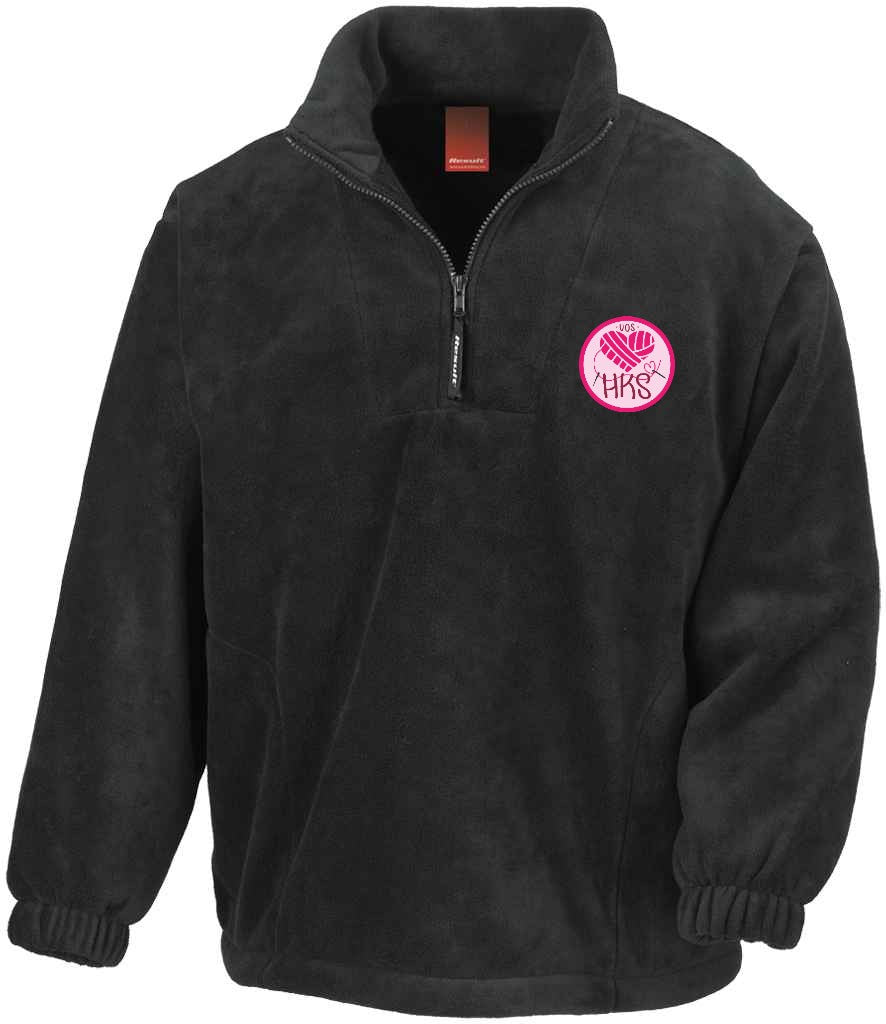1/4 Zip Fleece in Black, front view [[_rc for="Black" left_chest_embroidery="HKS" x=33 y=37 w=12 h=10.5 ink=#ffffff]]