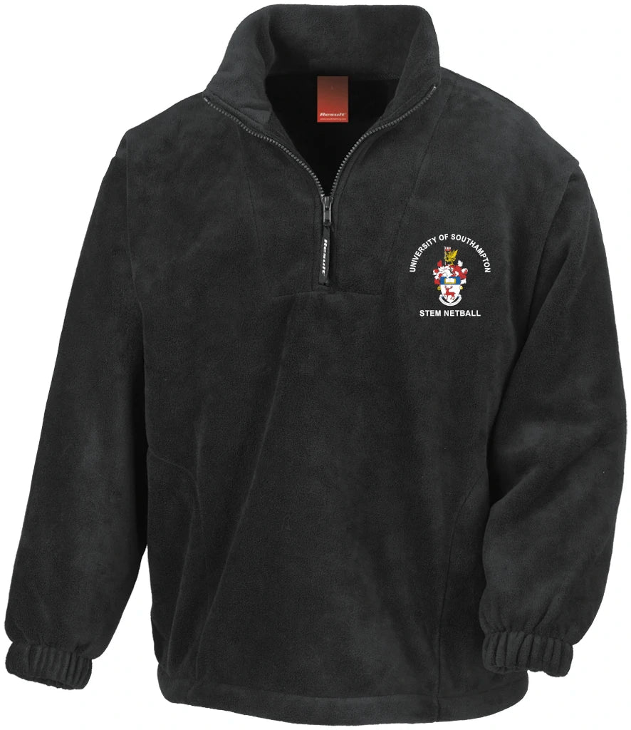 1/4 Zip Fleece in Black, front view [[_rc for="Black" x=34.4 y=37.5 w=14.5 h=7.1 size=9 ink=#ffffff font=Arial]]