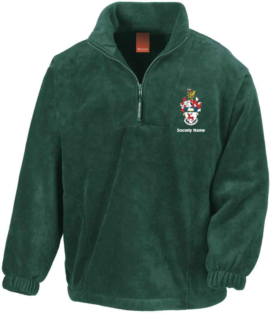 green fleece, front view [[_rc for="Forest Green" left_chest_embroidery="UoS Coat of Arms" x=33 y=37 w=12 h=10.5 ink=#ffffff]]