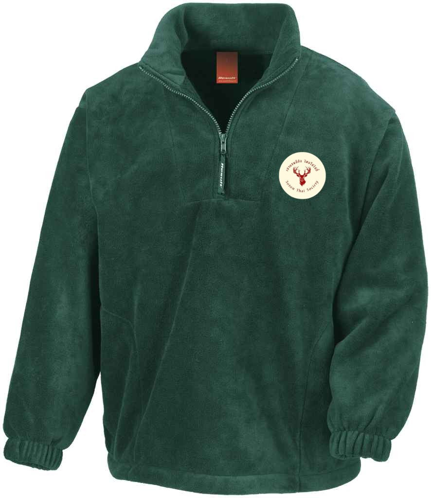1/4 Zip Fleece in Forest Green, front view [[_rc for="Forest Green" left_chest_embroidery="Thai Society" x=33 y=37 w=12 h=10.5 ink=#ffffff]]