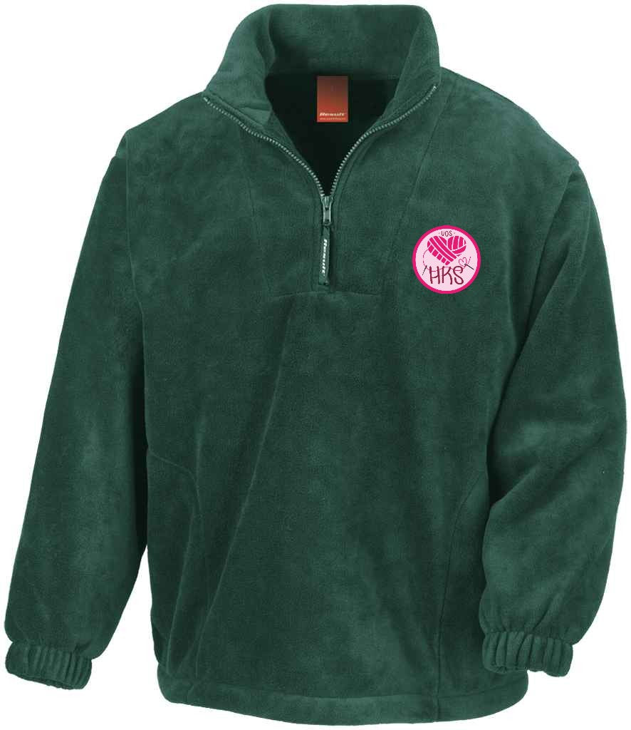 1/4 Zip Fleece in Forest Green, front view [[_rc for="Forest Green" left_chest_embroidery="HKS" x=33 y=37 w=12 h=10.5 ink=#ffffff]]