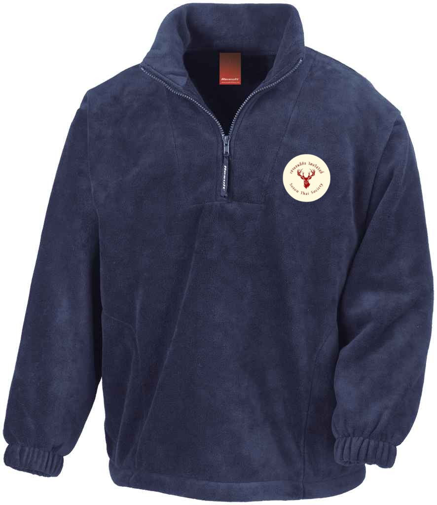 1/4 Zip Fleece in Navy, front view [[_rc for="Navy" left_chest_embroidery="Thai Society" x=33 y=37 w=12 h=10.5 ink=#ffffff]]