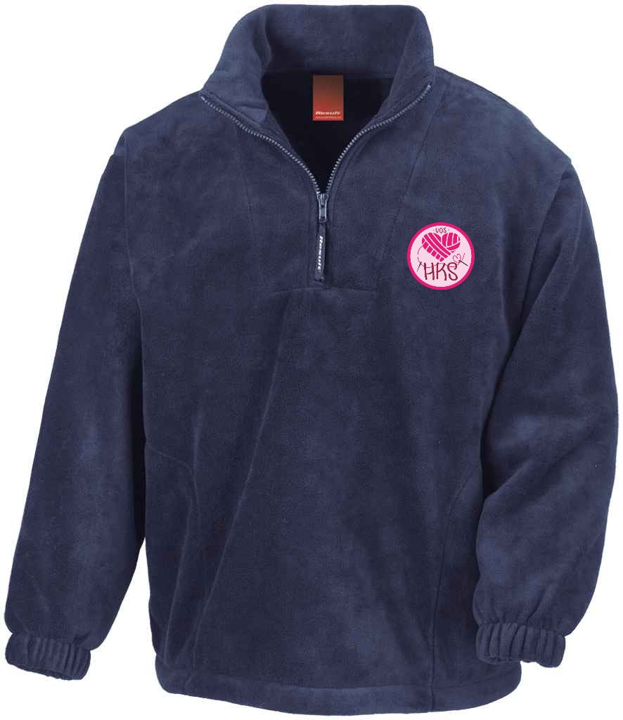 1/4 Zip Fleece in Navy, front view [[_rc for="Navy" left_chest_embroidery="HKS" x=33 y=37 w=12 h=10.5 ink=#ffffff]]