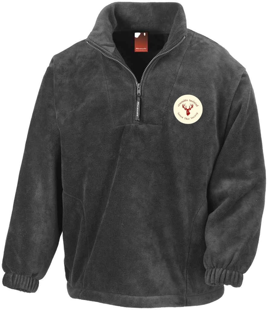 1/4 Zip Fleece in Oxford Grey, front view [[_rc for="Oxford Grey" left_chest_embroidery="Thai Society" x=33 y=37 w=12 h=10.5 ink=#ffffff]]