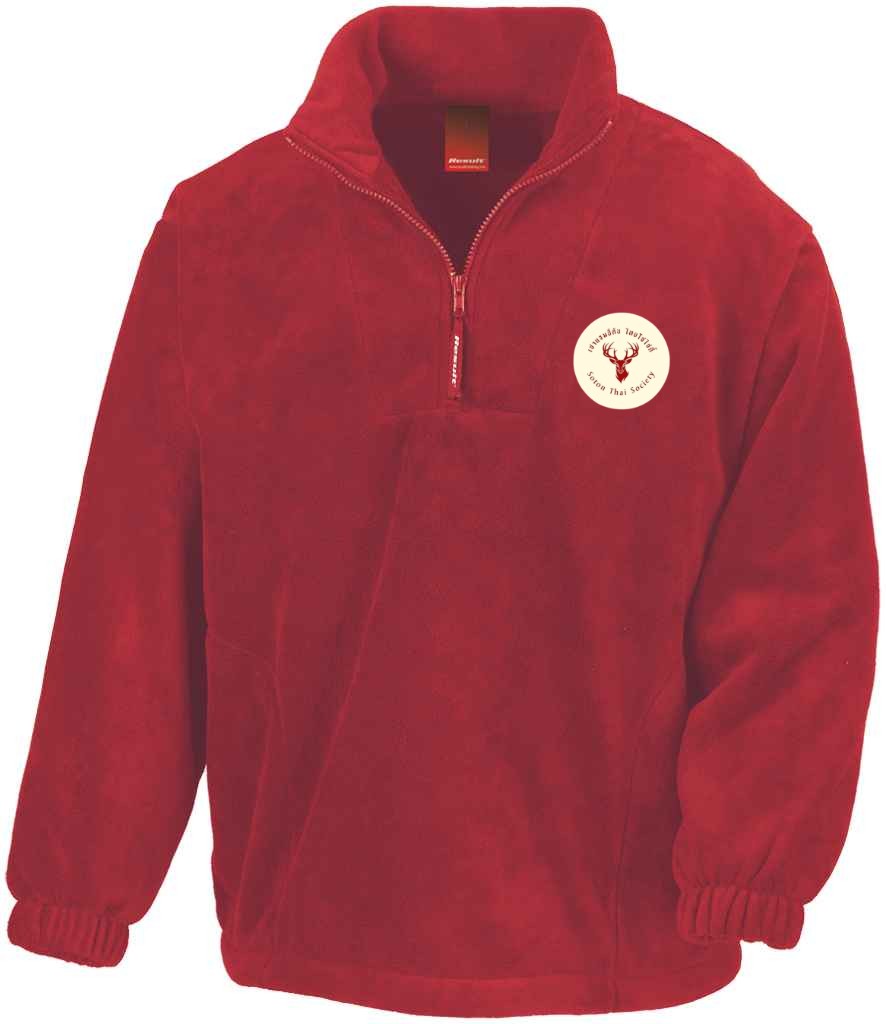1/4 Zip Fleece in Red, front view [[_rc for="Red" left_chest_embroidery="Thai Society" x=33 y=37 w=12 h=10.5 ink=#ffffff]]