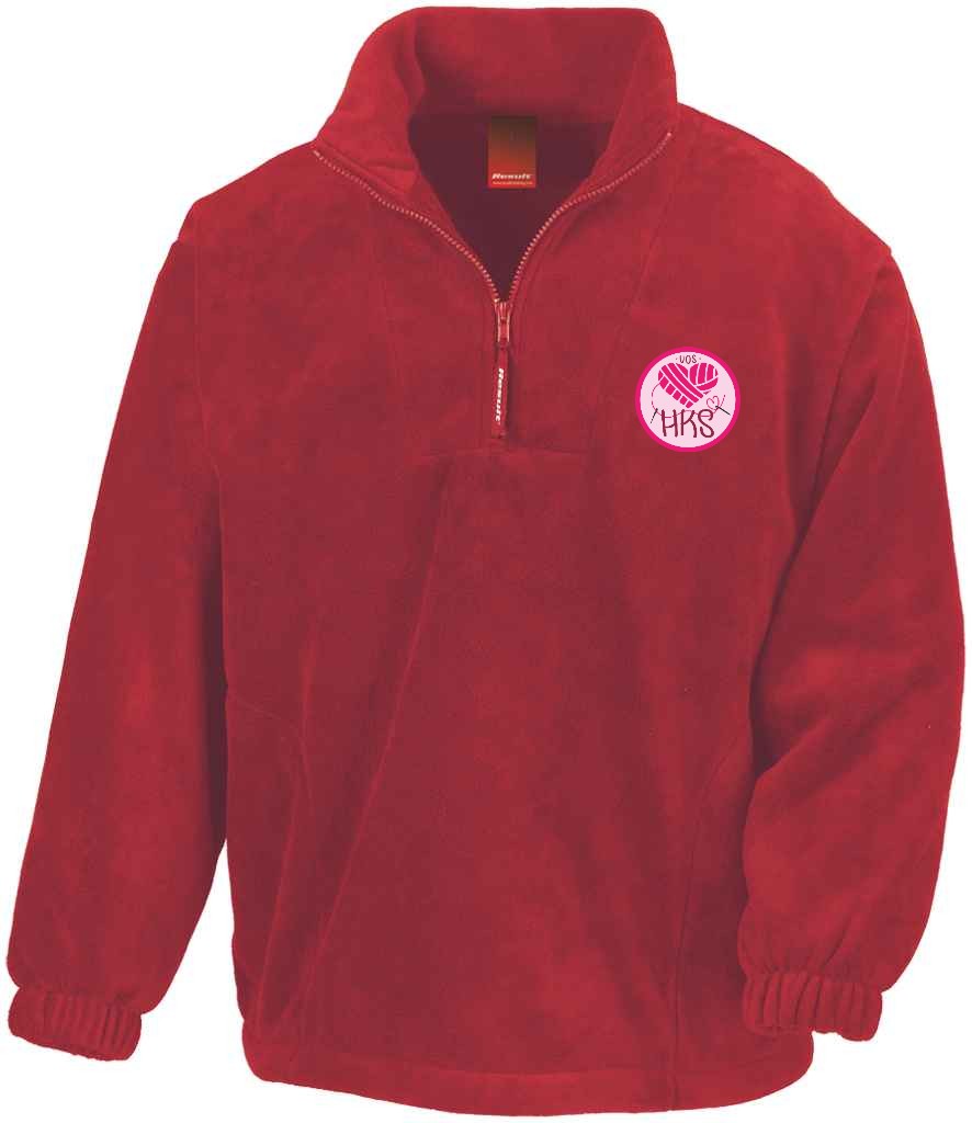 1/4 Zip Fleece in Red, front view [[_rc for="Red" left_chest_embroidery="HKS" x=33 y=37 w=12 h=10.5 ink=#ffffff]]