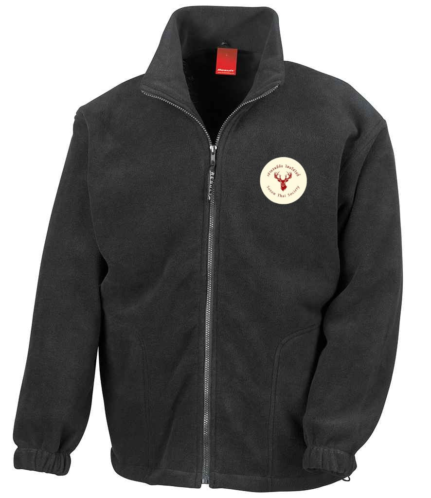 Full Zip Fleece in Black, front view [[_rc for="Black" left_chest_embroidery="Thai Society" x=33 y=37 w=12 h=10.5 ink=#ffffff]]