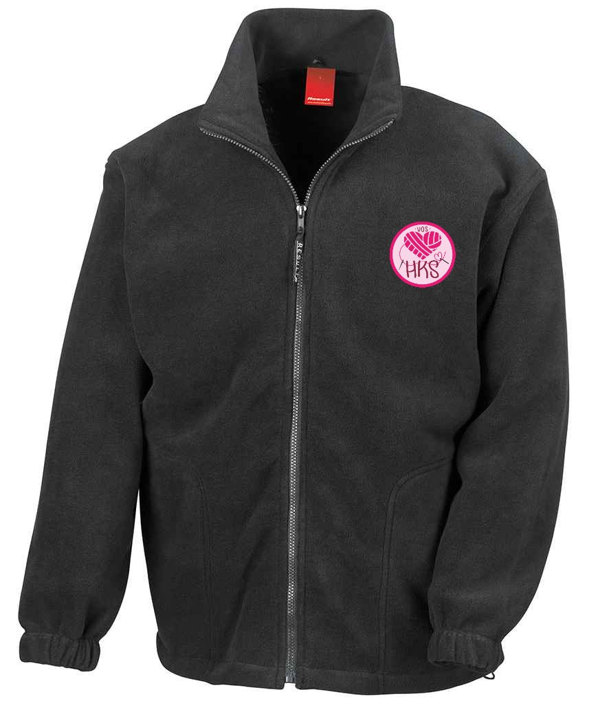 Full Zip Fleece in Black, front view [[_rc for="Black" left_chest_embroidery="HKS" x=33 y=37 w=12 h=10.5 ink=#ffffff]]