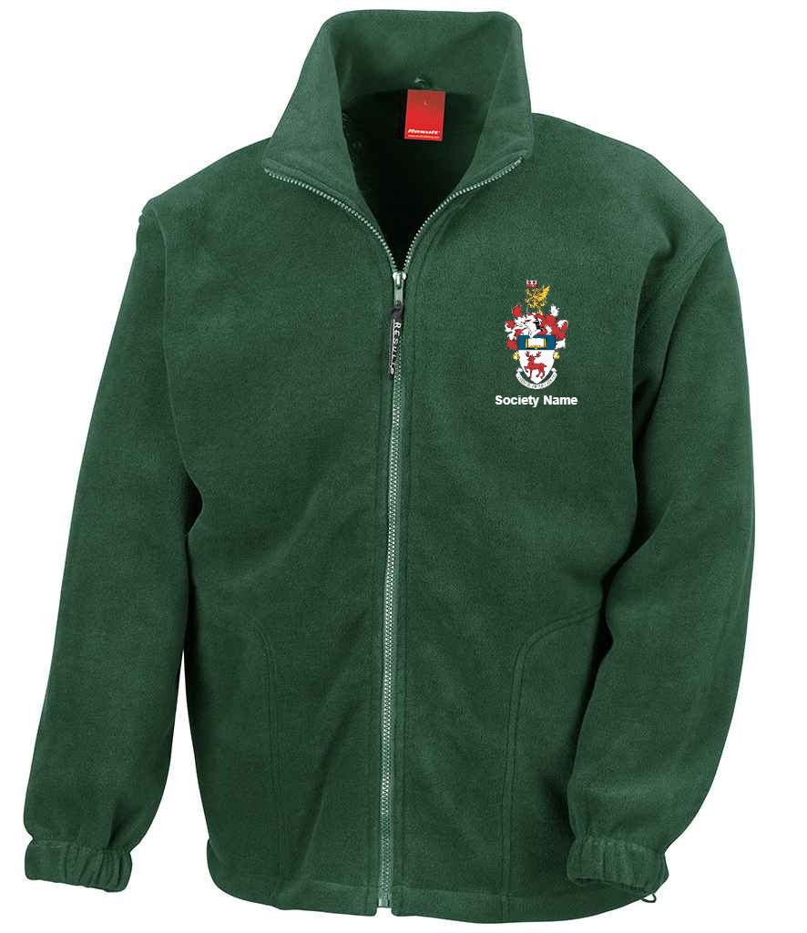 green fleece, front view [[_rc for="Forest Green" left_chest_embroidery="UoS Coat of Arms" x=33 y=37 w=12 h=10.5 ink=#ffffff]]