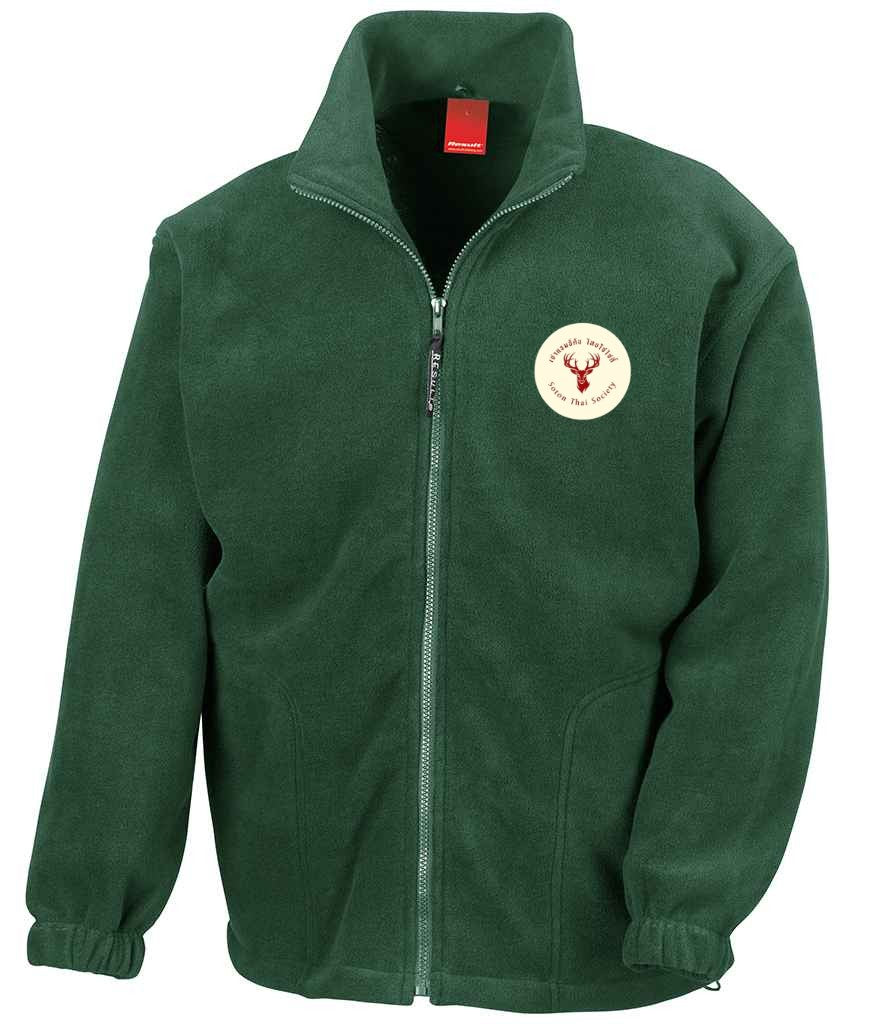 Full Zip Fleece in Forest Green, front view [[_rc for="Forest Green" left_chest_embroidery="Thai Society" x=33 y=37 w=12 h=10.5 ink=#ffffff]]