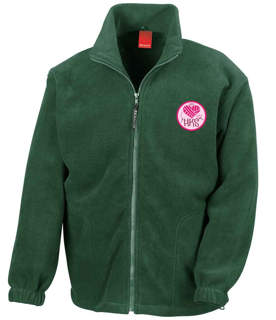 Full Zip Fleece in Forest Green, front view [[_rc for="Forest Green" left_chest_embroidery="HKS" x=33 y=37 w=12 h=10.5 ink=#ffffff]]