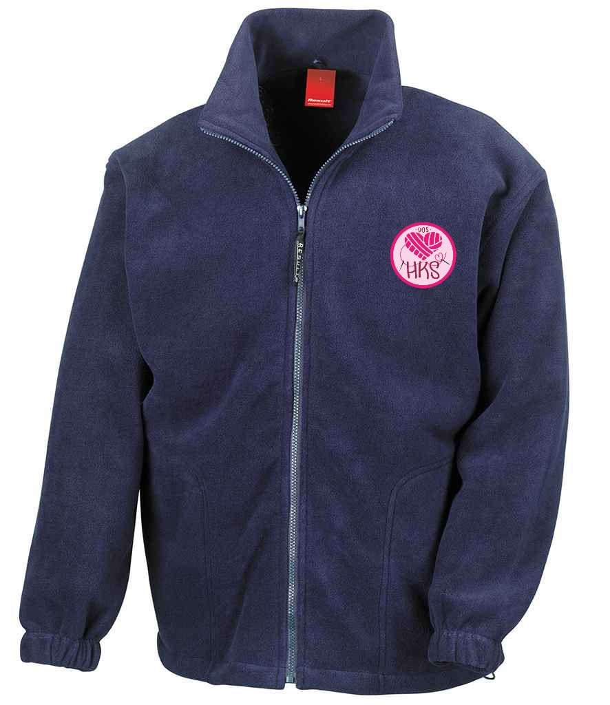Full Zip Fleece in Navy, front view [[_rc for="Navy" left_chest_embroidery="HKS" x=33 y=37 w=12 h=10.5 ink=#ffffff]]