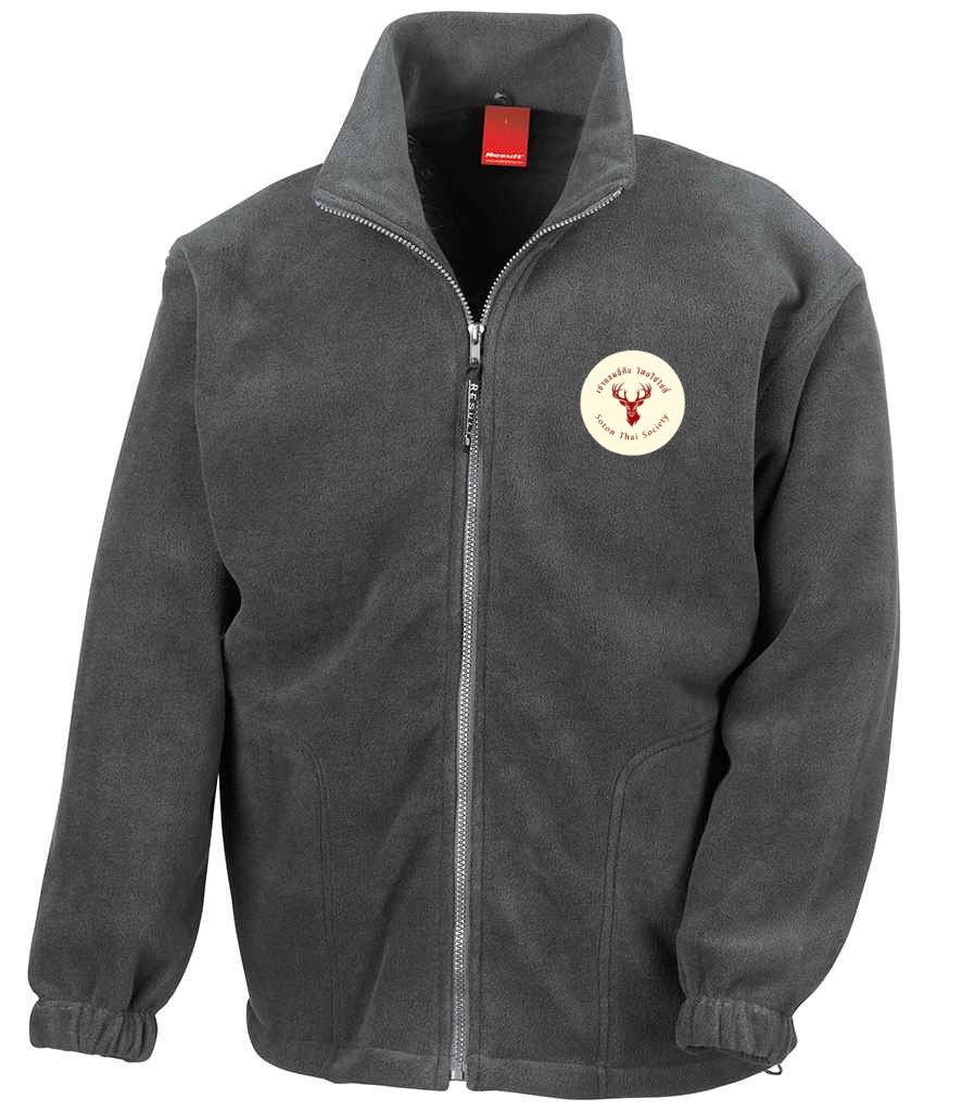 Full Zip Fleece in Oxford Grey, front view [[_rc for="Oxford Grey" left_chest_embroidery="Thai Society" x=33 y=37 w=12 h=10.5 ink=#ffffff]]