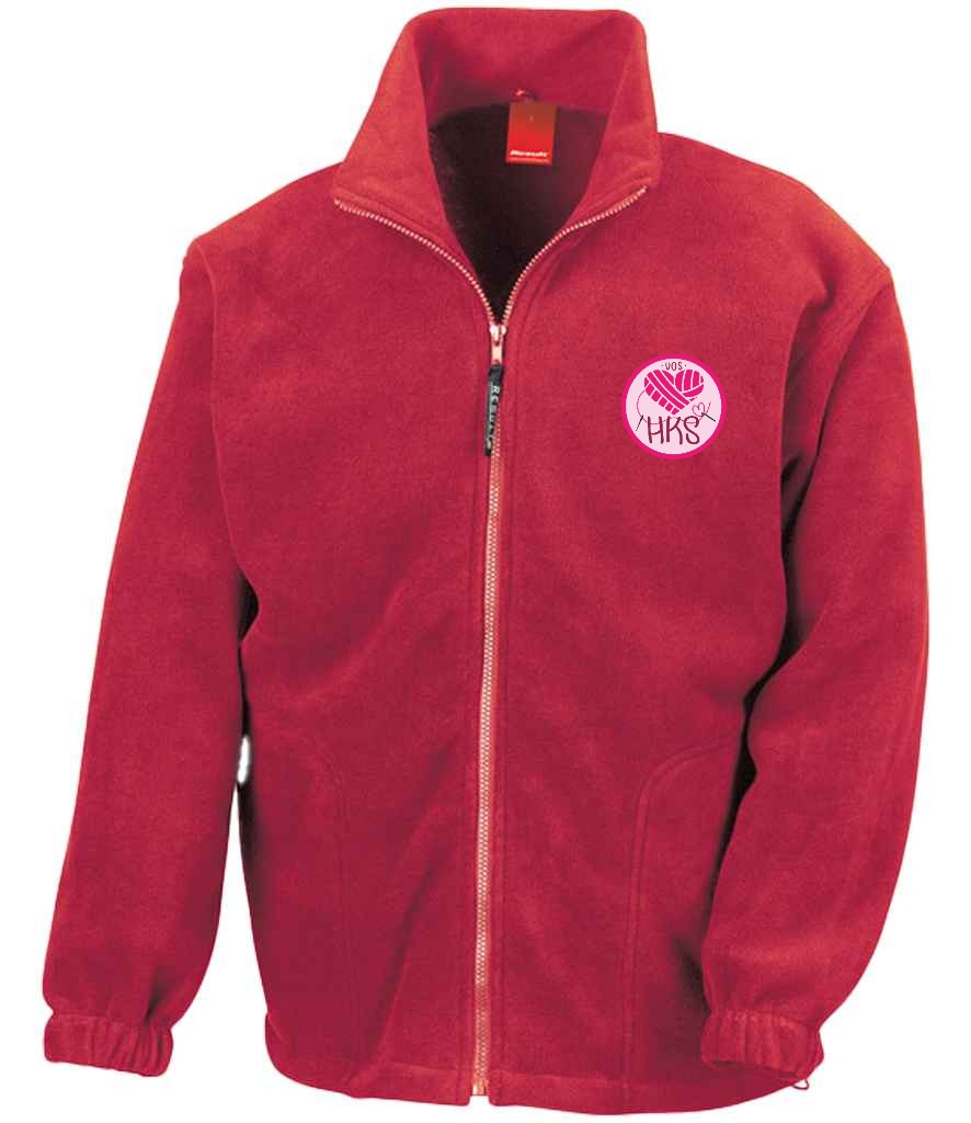 Full Zip Fleece in Red, front view [[_rc for="Red" left_chest_embroidery="HKS" x=33 y=37 w=12 h=10.5 ink=#ffffff]]