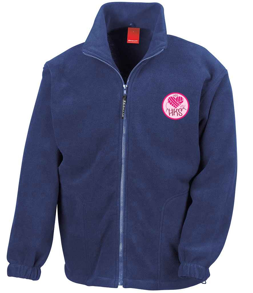 Full Zip Fleece in Royal Blue, front view [[_rc for="Royal Blue" left_chest_embroidery="HKS" x=33 y=37 w=12 h=10.5 ink=#ffffff]]
